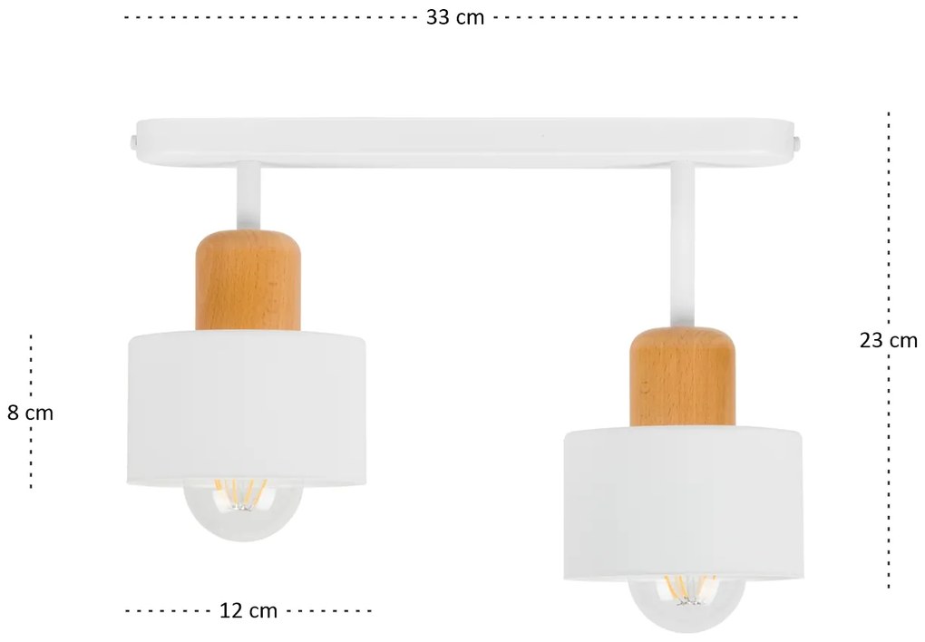 Biała lampa sufitowa, dwupunktowy spot DBU3306WE z drewna i metalu E27