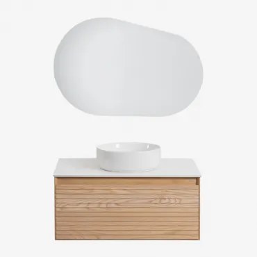 Zestaw Wiszących Mebli Łazienkowych Z Drewna Jesionowego Tedrik Popielaty Brąz & Okrągły Ceramiczny Biały Ø40 - Sklum