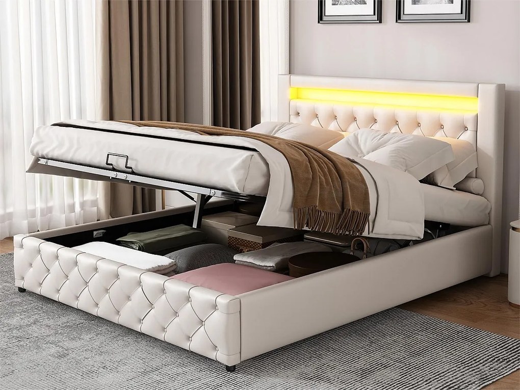 Łóżko z tapicerowanym zagłówkiem z ekoskóry z LED - 140x200cm - z stelażem na listwy - Białe