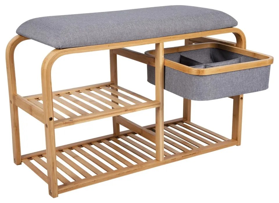 Bambusowy regał na buty z szarym siedziskiem Leitmotiv Bench, szer. 70 cm