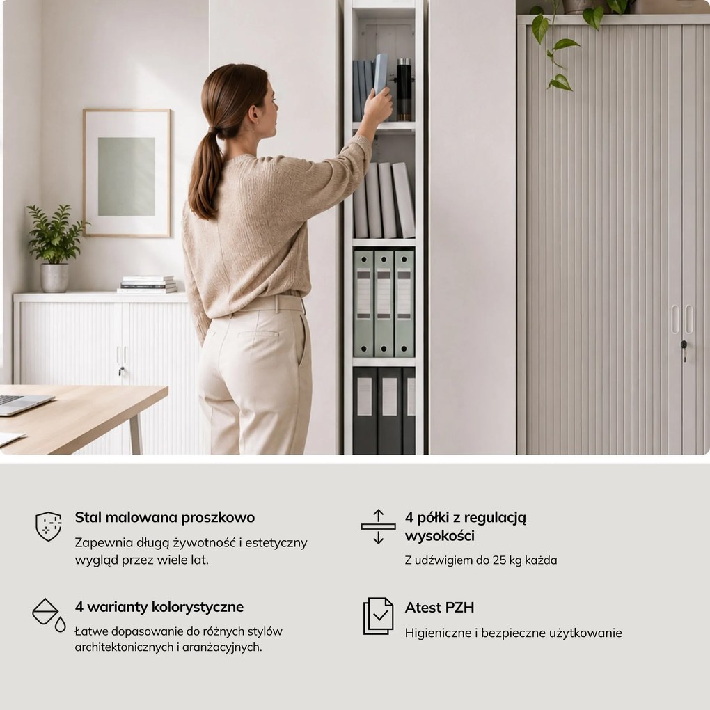 Regał metalowy wąski, archiwizacyjny na dokumenty biały, 250x1850x450 mm: TIM