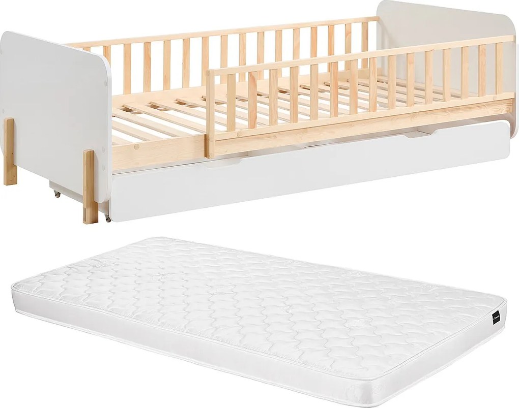 Łóżko 90 x 190 cm z szufladą - Sosna i MDF - Kolor: Naturalny i biały + Materac - LADEMI