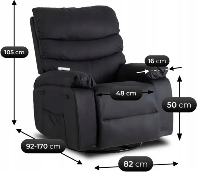 Fotel Masujący BRUCE Rozkładany Czarny Ekoskóra Nowoczesny