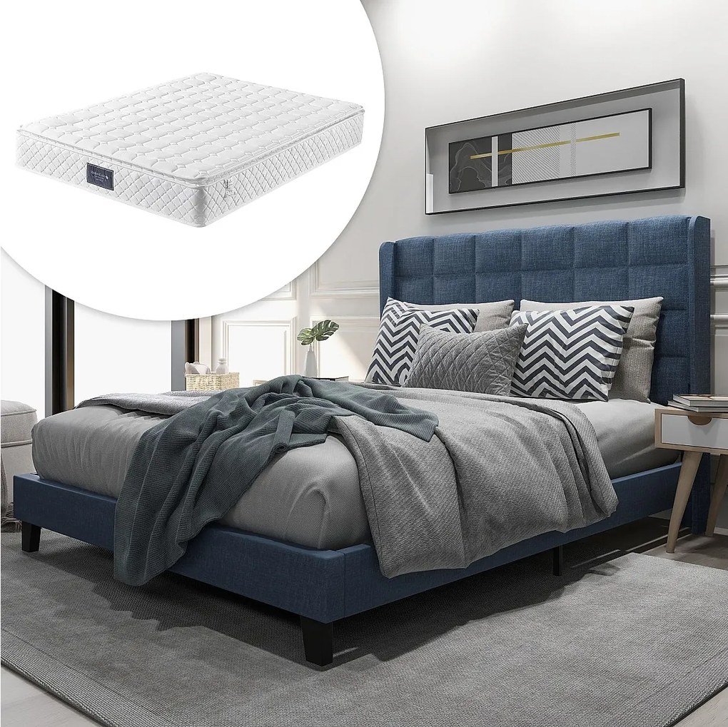 Łóżko tapicerowane z wezgłowiem - 140 x 200 cm - tkanina lniana - boxspring + materac - niebieskie