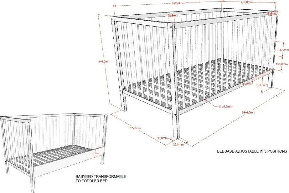 Brązowe łóżeczko z litego drewna bukowego ze zdejmowanym bokiem/z regulowaną wysokością 70x140 cm Dino – Vipack