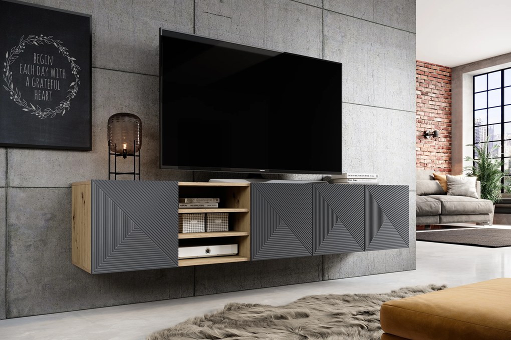Szafka RTV Asha 200 cm wisząca z ryflowanym frontem i wnęką - artisan / rivier stone mat