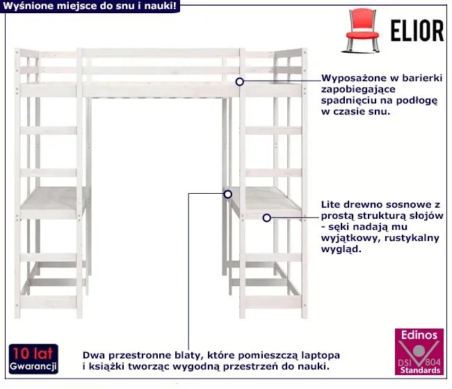 Białe piętrowe łóżko z 2 biurkami na dole 160x200 - Vasmo 4X