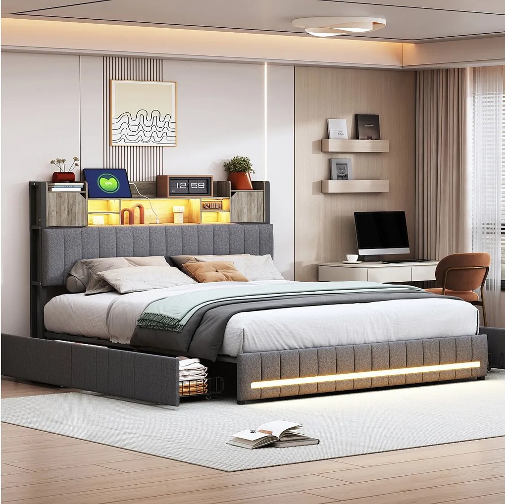 Rama łóżka 160x200 cm szara z 4 szufladami, oświetleniem LED, portami USB, oddychającą tkaniną lnianą i wbudowanym schowkiem
