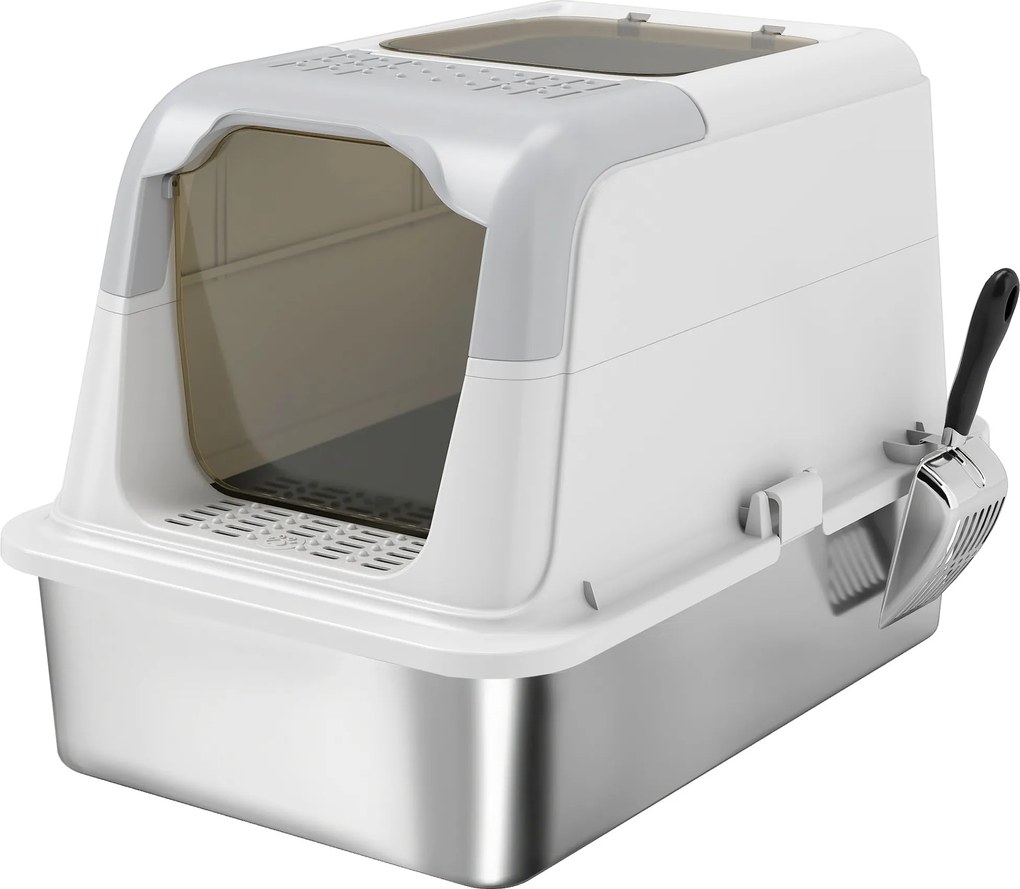 PawHut Toaleta dla kotów, kocie WC z pokrywą, łopatka do żwiru, wejście z przodu i wyjście na górze, stal nierdzewna do 15 kg