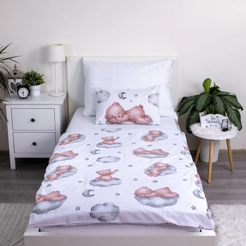 Biała bawełniana pościel dziecięca do łóżeczka 100x135 cm Teddy Bear "Ribbon" – Jerry Fabrics