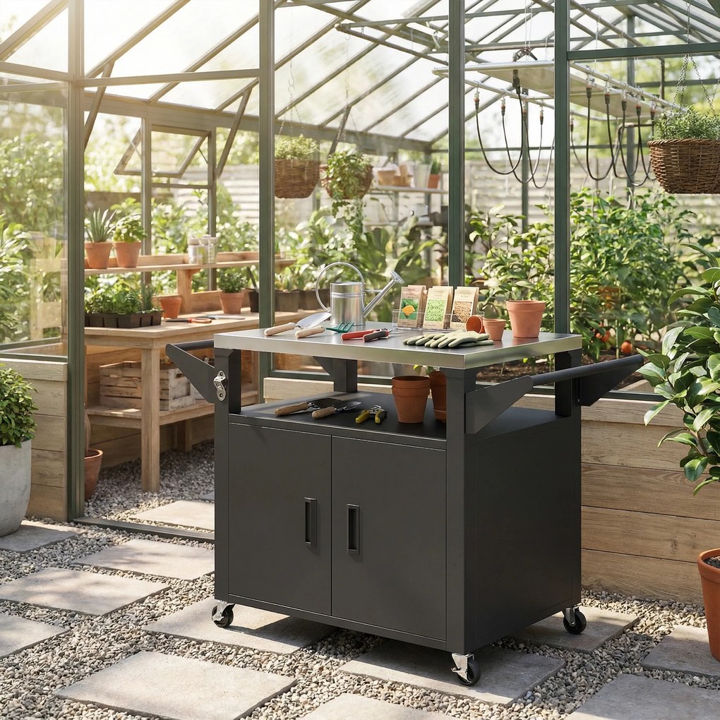 Outsunny Wózek kuchenny na kółkach, serwujący wózek z szafką, uchwytami, stalowa powierzchnia 117 x 55 x 78 cm Czarny | Aosom PL