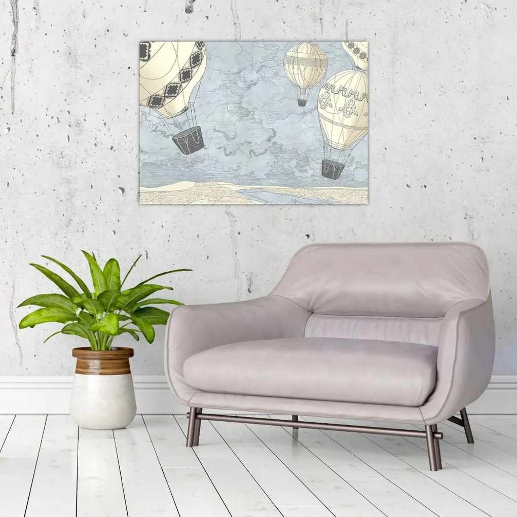 Obraz - Balony nad miastem, zimne odcienie (70x50 cm)