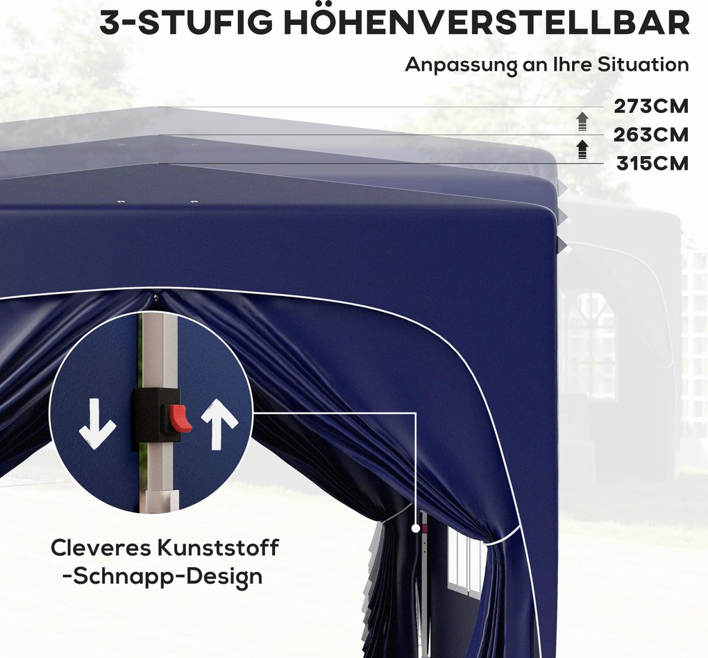 Outsunny 3 x 3 m Pawilon, Pop-up Namiot Ogrodowy z Bocznymi Ścianami i Torbą, UPF50+, Regulowana Wysokość, Granatowy