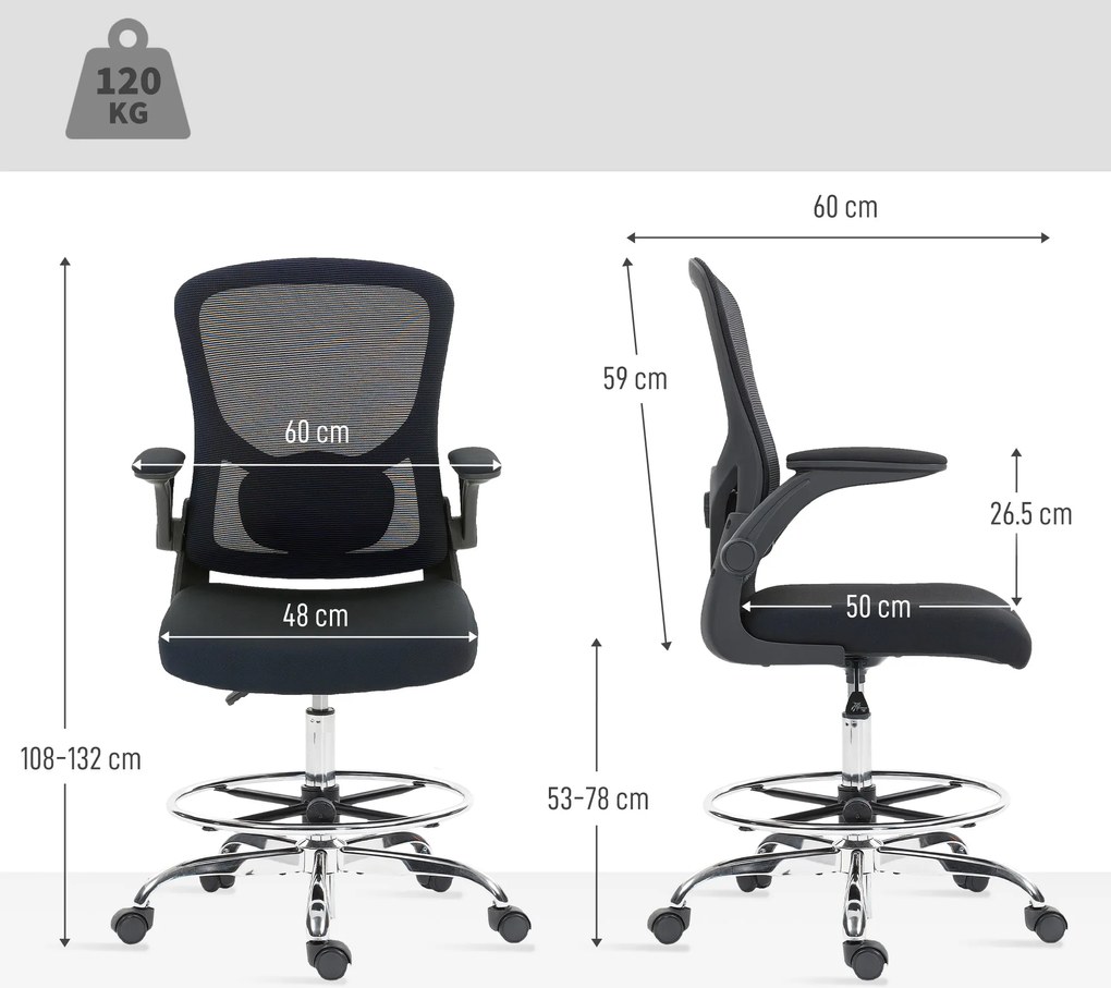 HOMCOM Krzesło do rysowania z podparciem lędźwiowym, regulacją wysokości, obrotowe, do home office, studia, projektów artystycznych, czarne