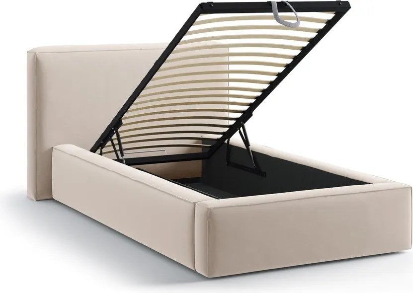 Beżowe tapicerowane łóżko jednoosobowe ze schowkiem ze stelażem 90x200 cm Jodie – Micadoni