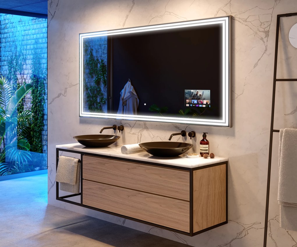 Lustro LED L57 podświetlane z wyborem barwy led, do skonfigurowania rozmiar i kolor ramy, możliwości lustra z głośnikiem i włącznikiem podświetlenia