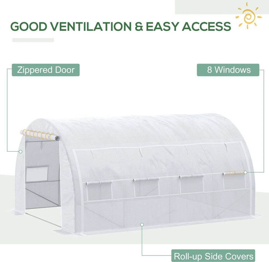 Outsunny Szklarnia Tunelowa, Przechodnia, Ściany Rozwijane, Drzwi na Zamek, Rama Ocynkowana, 4 x 3 x 2 m, Biała