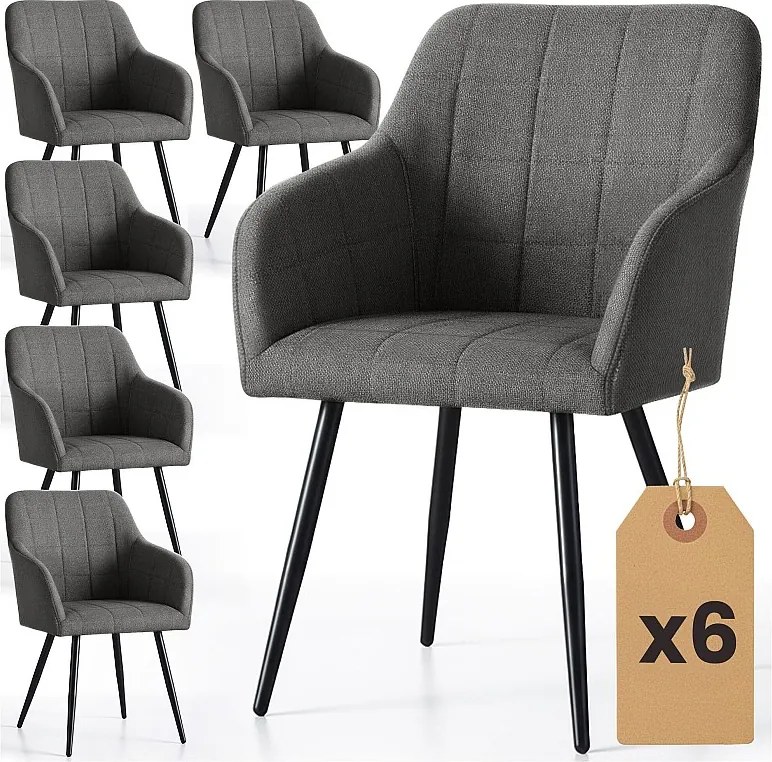 6x Krzesło tapicerowane z przeszyciami kwadratowymi Ciemny Grafit LUXANO Czarne nogi tkanina Lumos