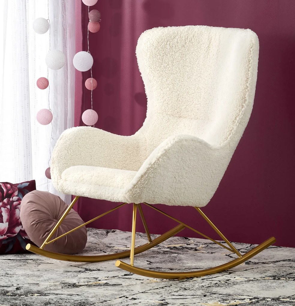 Nowoczesny fotel bujany na złotych płozach Liberto