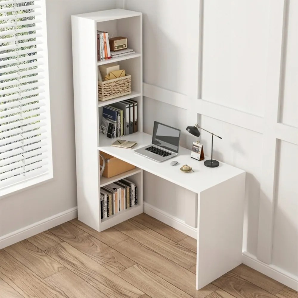 Białe biurko z półkami 125x50x181 cm – Ergonomiczna powierzchnia robocza o nowoczesnym designie