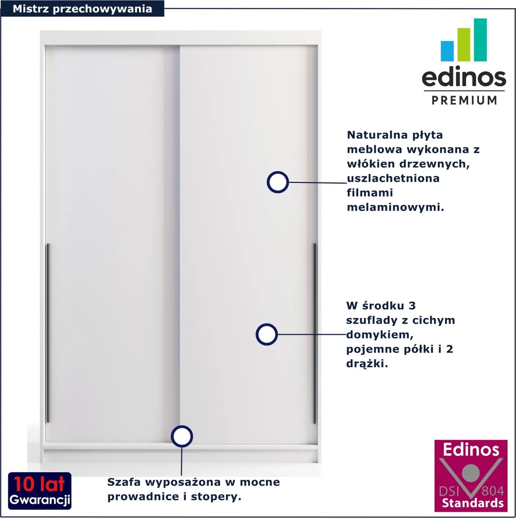 Biała szafa przesuwna z 3 szufladami 140 cm B7-W09
