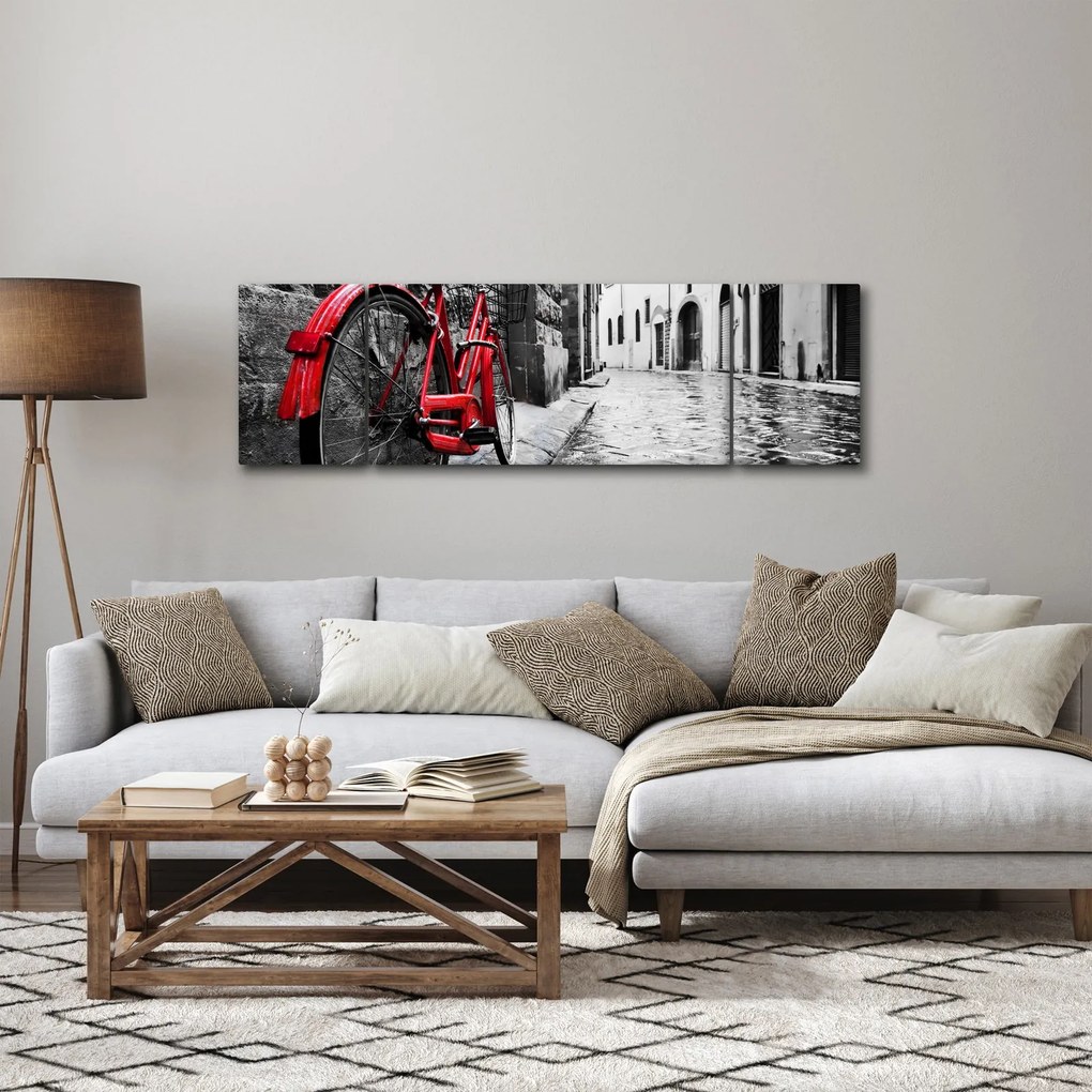 Obraz czerwonego roweru na brukowanej uliczce (170x50 cm)