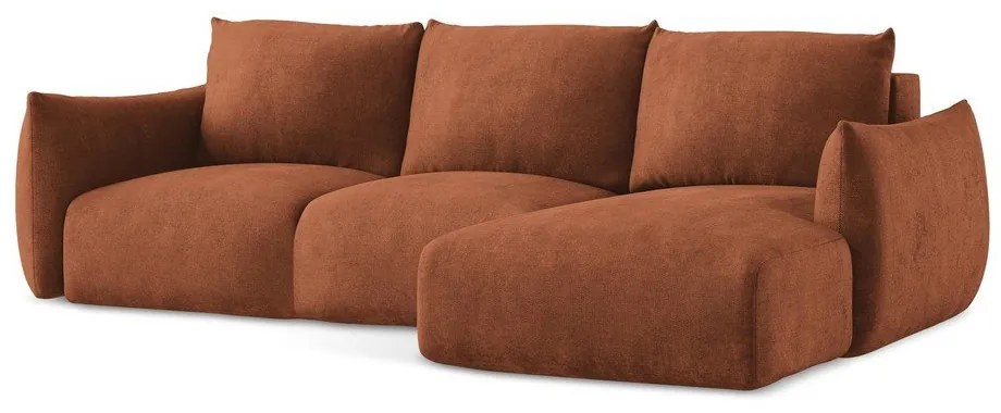 Rozkładany narożnik z tkaniny szenilowej (prawostronny/z szezlongiem) w kolorze terakoty Leila – Makamii