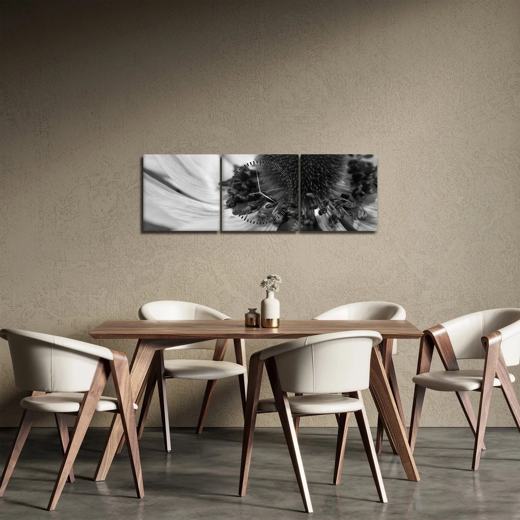 Obraz - Kwiat w czerni i bieli (z zegarem) (90x30 cm)