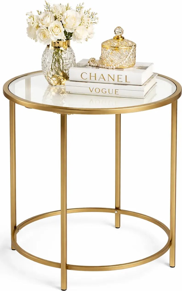 Okrągły Złoty Stolik Kawowy Ze Szklanym Blatem P9-L86