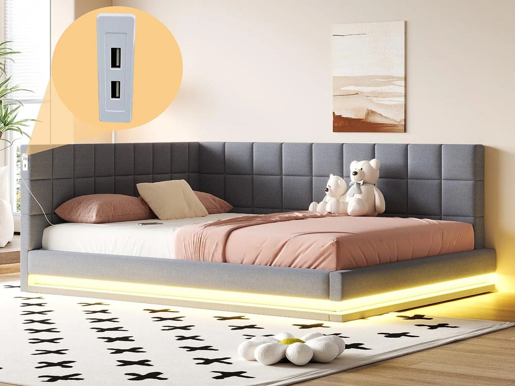 Kanapa rozkładana tapicerowana 160x200 cm - z taśmą LED - z portem USB - materiał welurowy - szara