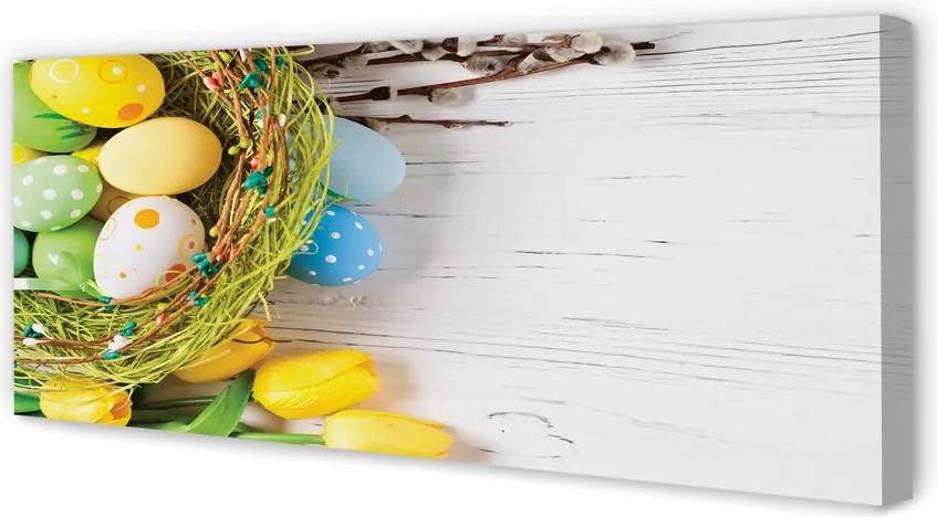 Fotoobraz na płótnie Jajka, Bazie i Tulipany