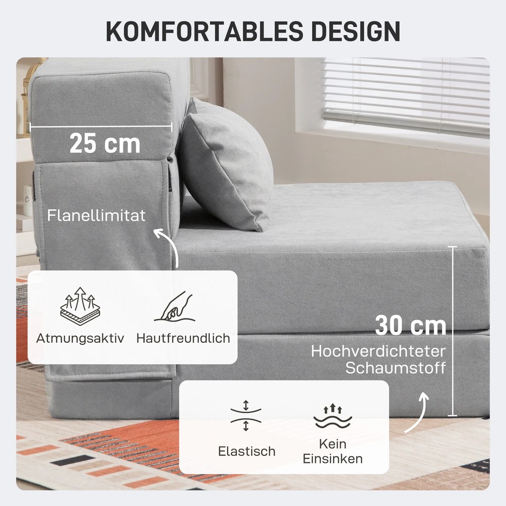 HOMCOM Sofa na podłogę, tapicerowana soffa, przekształcana w materac, pianka, poduszka, jasnoszary