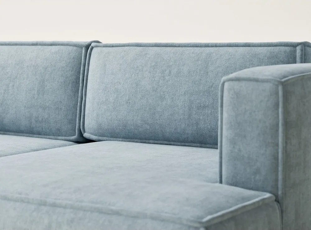 Jasnoniebieski rozkładany narożnik ze schowkiem z tkaniny szenilowej (prawostronny/z szezlongiem) Velto – Maison de Rêve