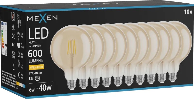 Mexen Vintis 10x żarówka filament LED E27, G125, 6W, Ciepła - 2700K, 600 lm, amber - L158-E27-0627-50x10