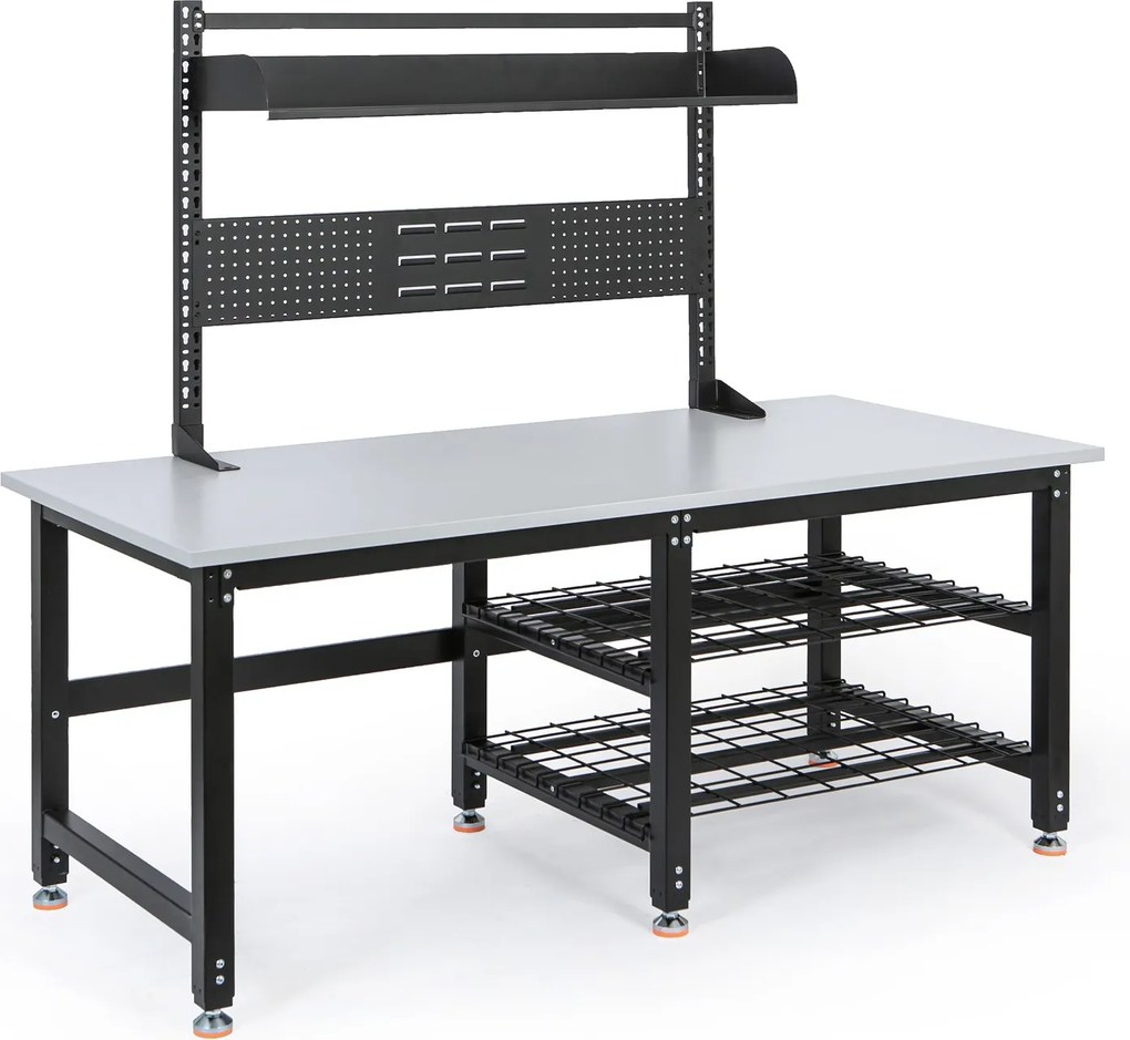 Stół pakowy PROFI z regulacją wysokości, 1800 × 900 × 790–940 mm z nadstawką i półkami