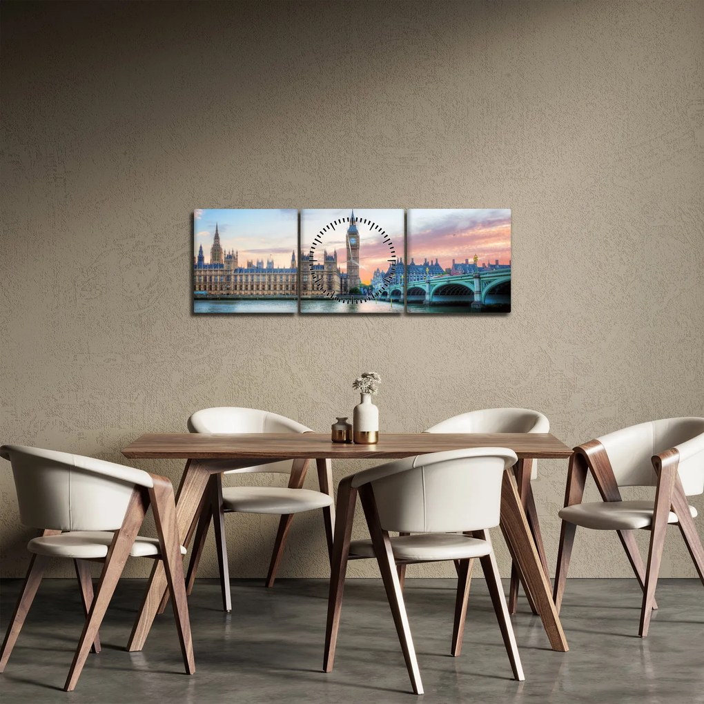 Obraz - Londyn w pastelowych kolorach (z zegarem) (90x30 cm)