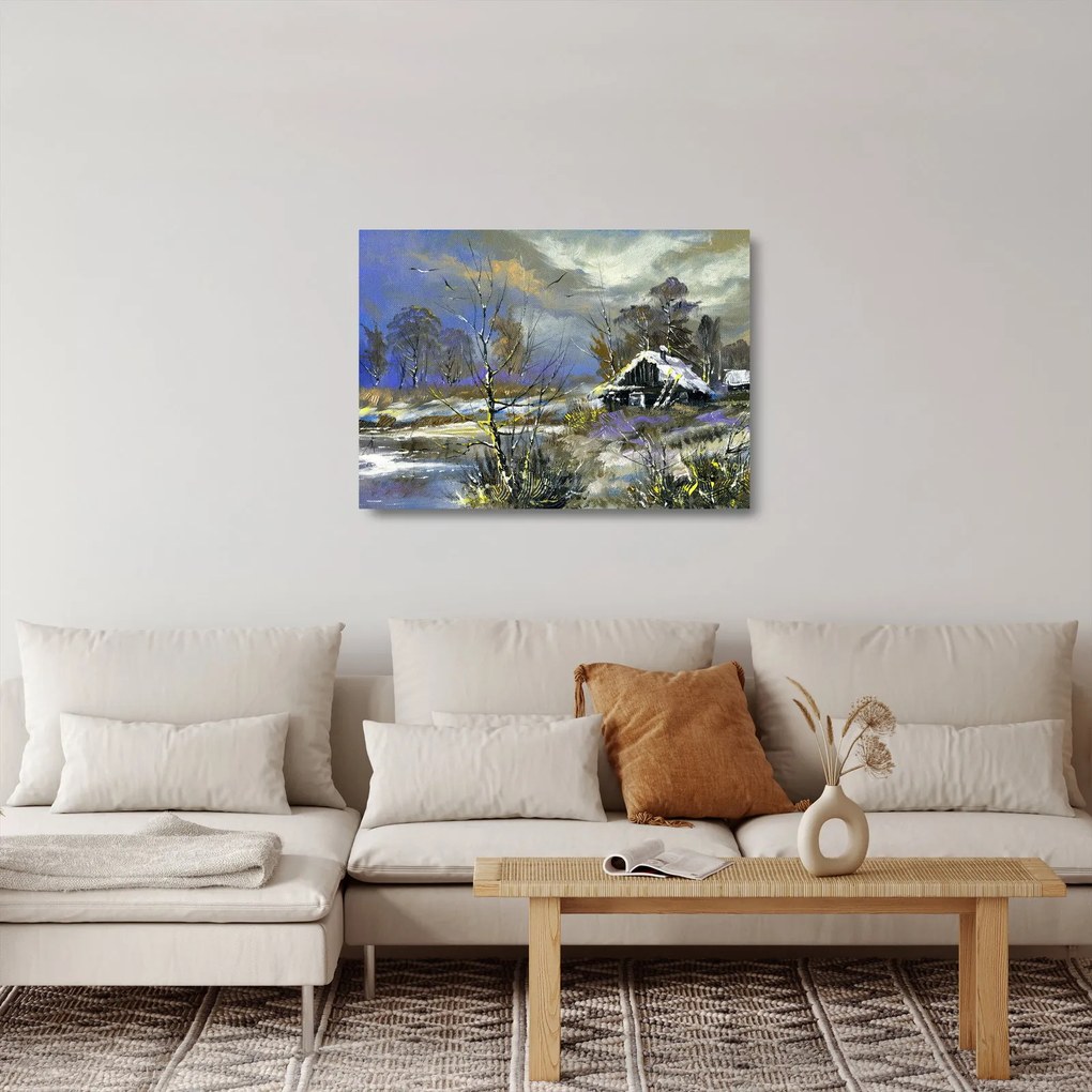 Obraz na szkle chaty w zimowym krajobrazie, obraz olejny (70x50 cm)