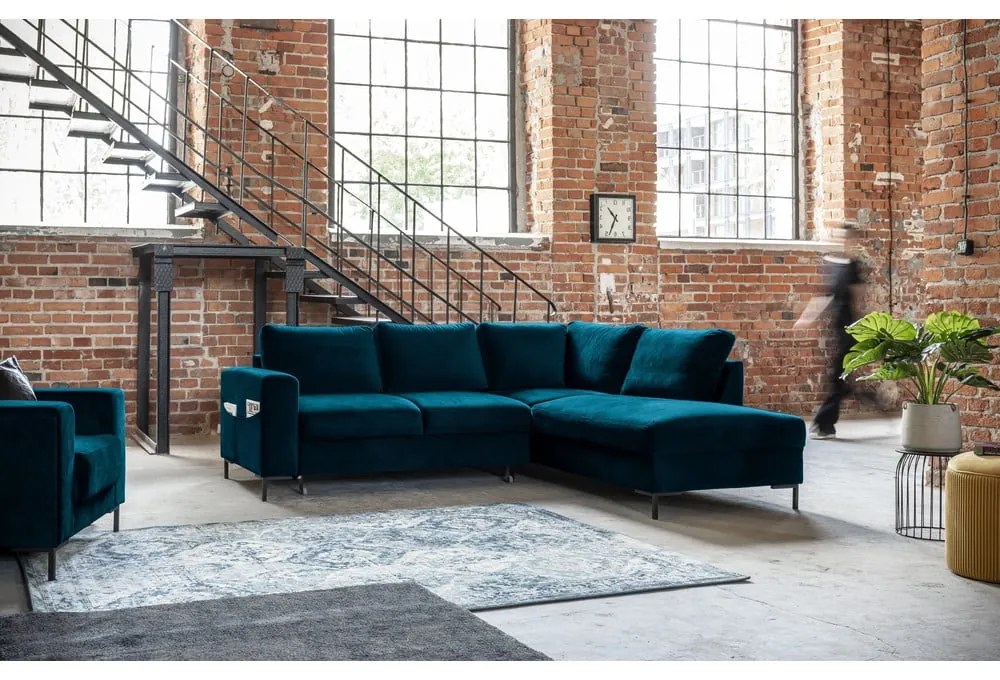 Turkusowy aksamitny rozkładany narożnik (prawostronny) Lofty Lilly – Miuform