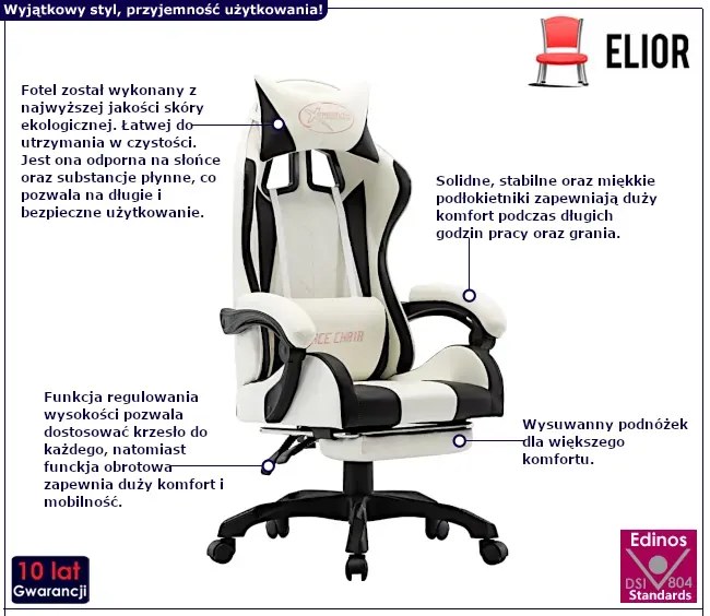 Biało-czarny fotel gamingowy z podnóżkiem - Arvola 3X