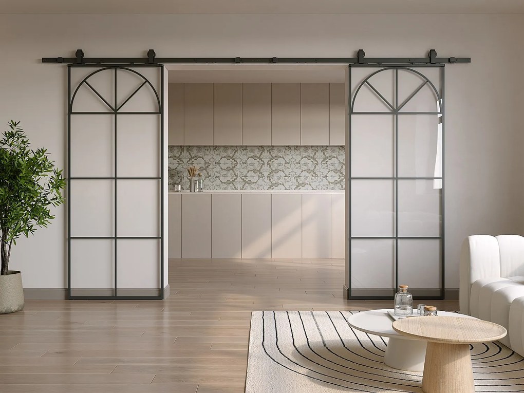 Podwójne drzwi przesuwne z systemem naściennym w stylu art deco - aluminium i szkło hartowane - 2 x wys. 204 x szer. 83 cm - Czarne - VIGELO