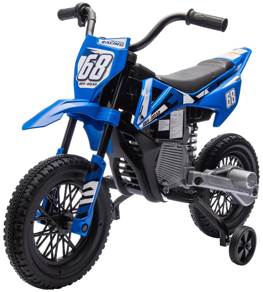 AIYAPLAY Elektryczny motocykl dla dzieci, manualna kontrola gazu, koła treningowe, muzyka, Niebieski, 107 x 56 x 70 cm