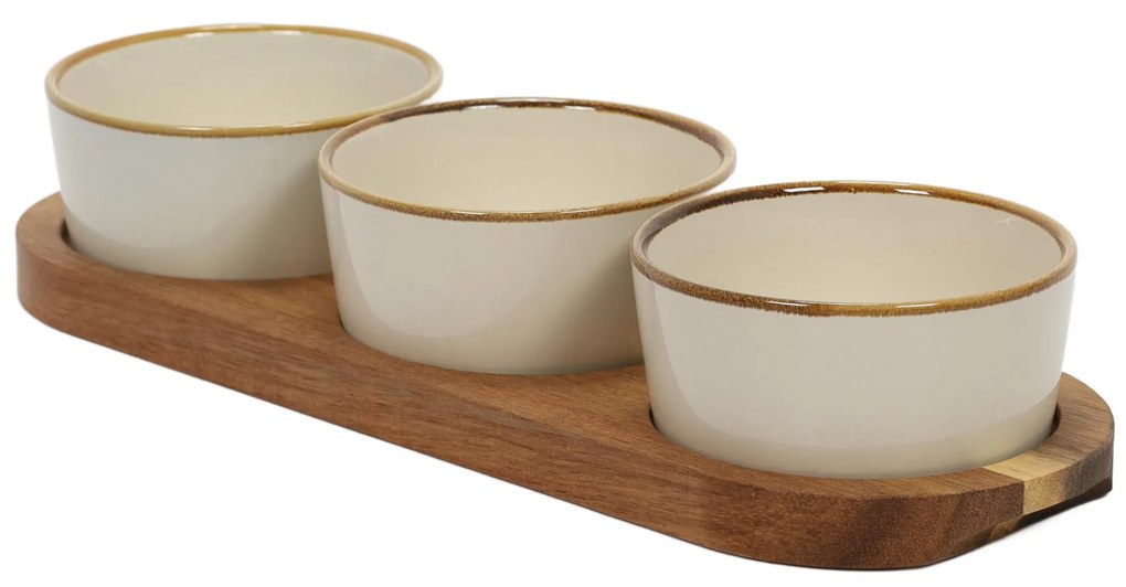 Zestaw porcelanowych miseczek do serwowania, akacjowa podstawka
