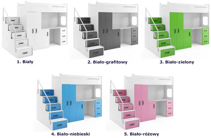 Biało-zielone łóżko na antresoli dla dziecka z biurkiem i szafą N2-S31
