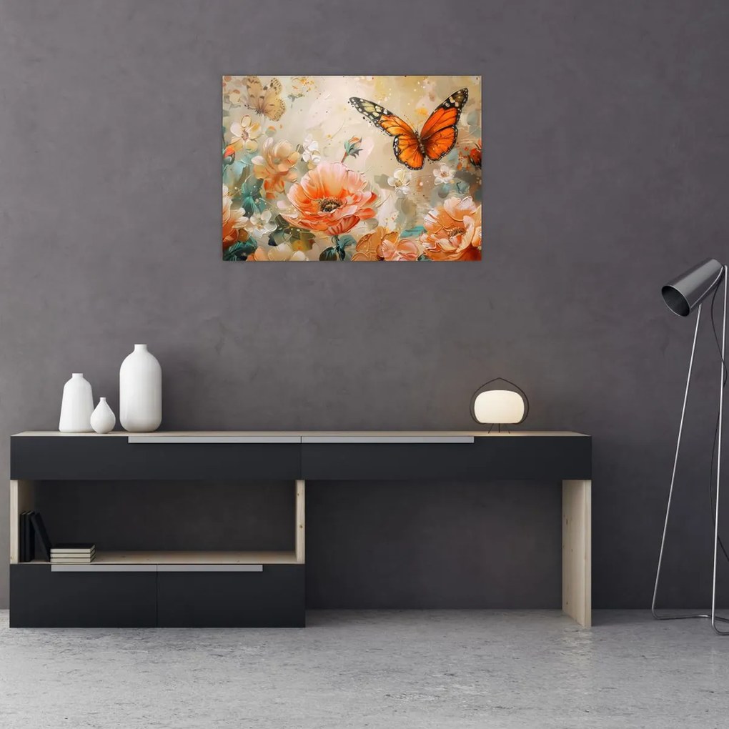 Obraz - Motyl i kwiaty, obraz olejny (70x50 cm)
