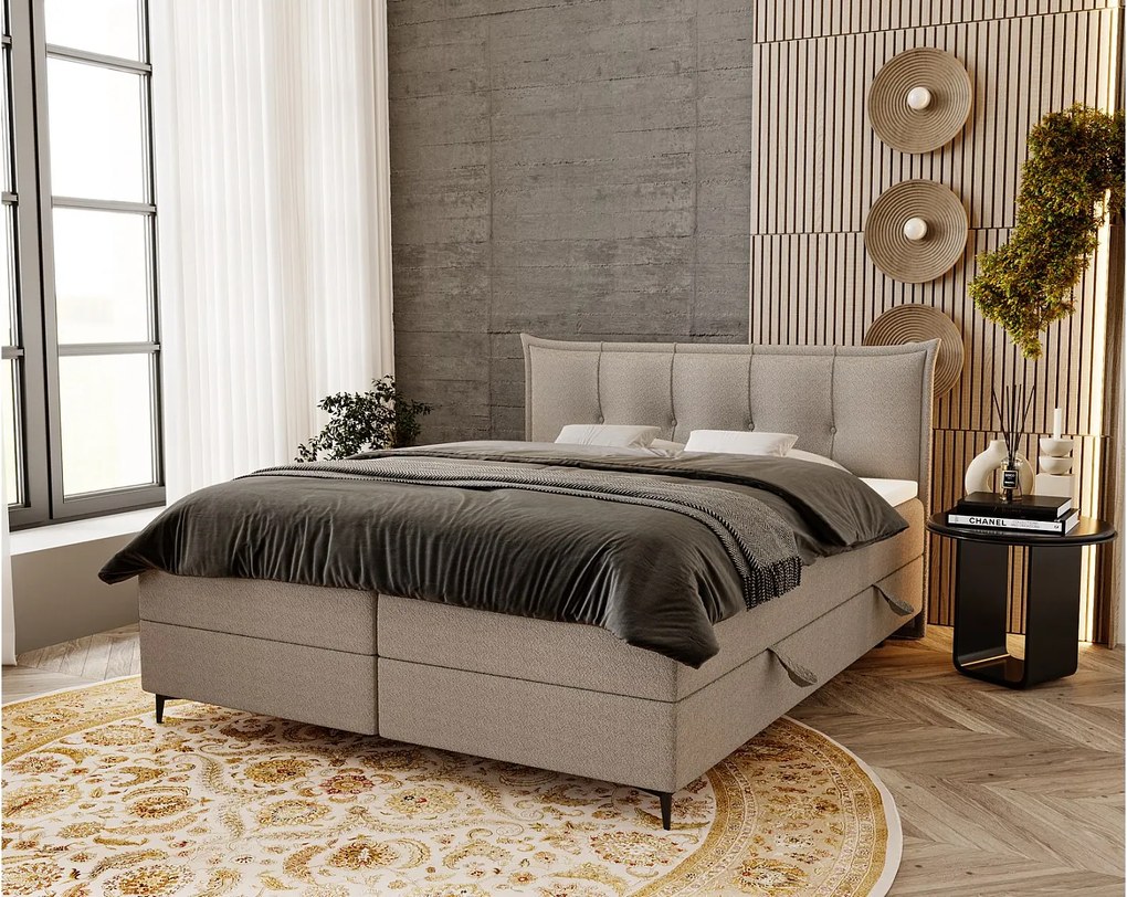 Emporius Liron łóżko kontynentalne 200x200 - łóżko dwuosobowe z materacem i topperem - pojemnik, tkanina boucle, jasny szary (Anthology 15)