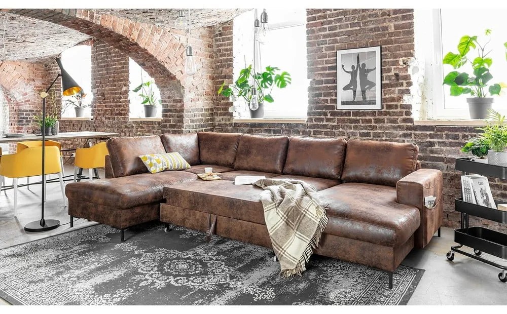 Brązowa rozkładana sofa w kształcie litery "U" z imitacji skóry Miuform Lofty Lilly Vintage, lewostronna