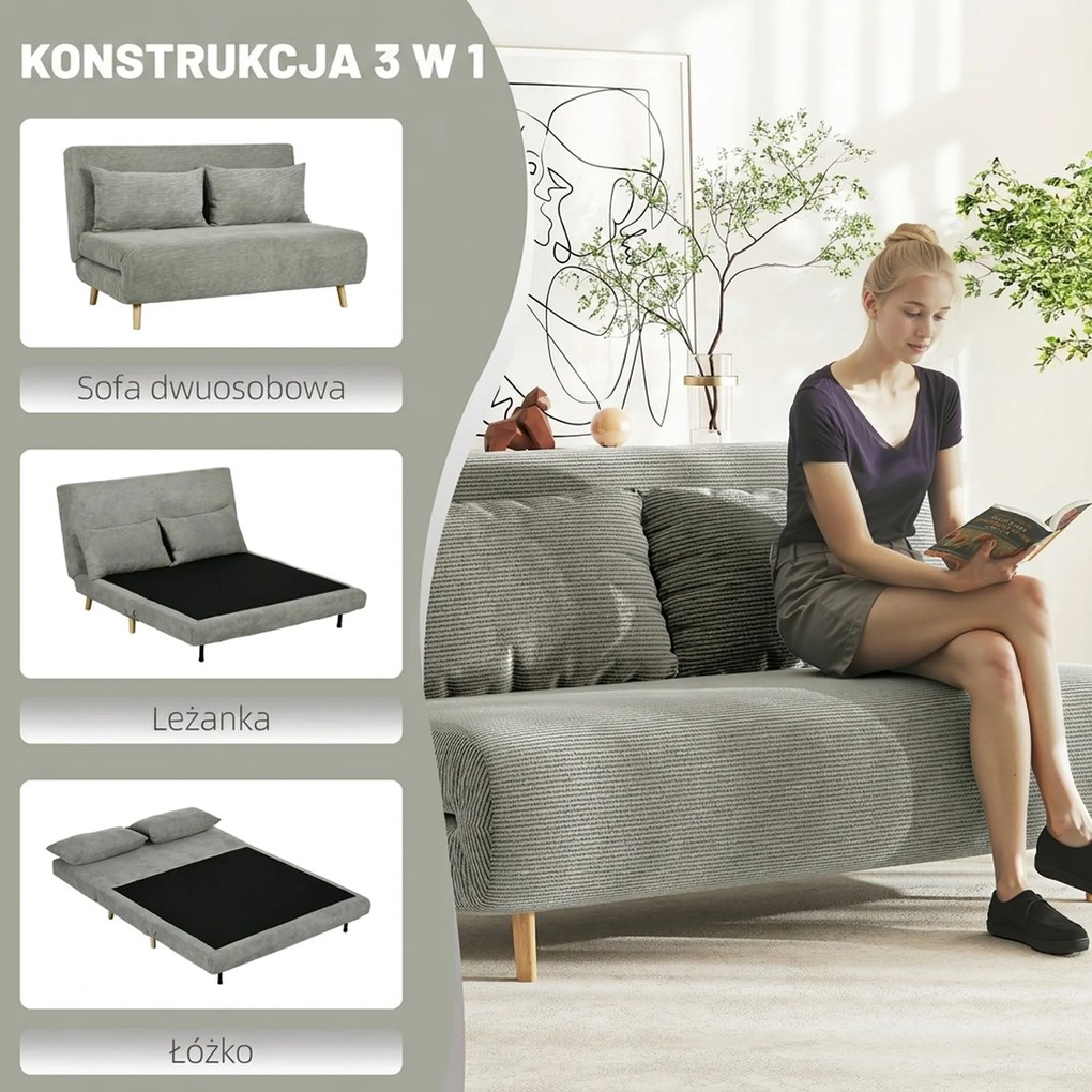 HOMCOM Sofa rozkładana łóżko dla gości z regulowanym oparciem do 120 kg szara 141x90x81 cm | Aosom PL