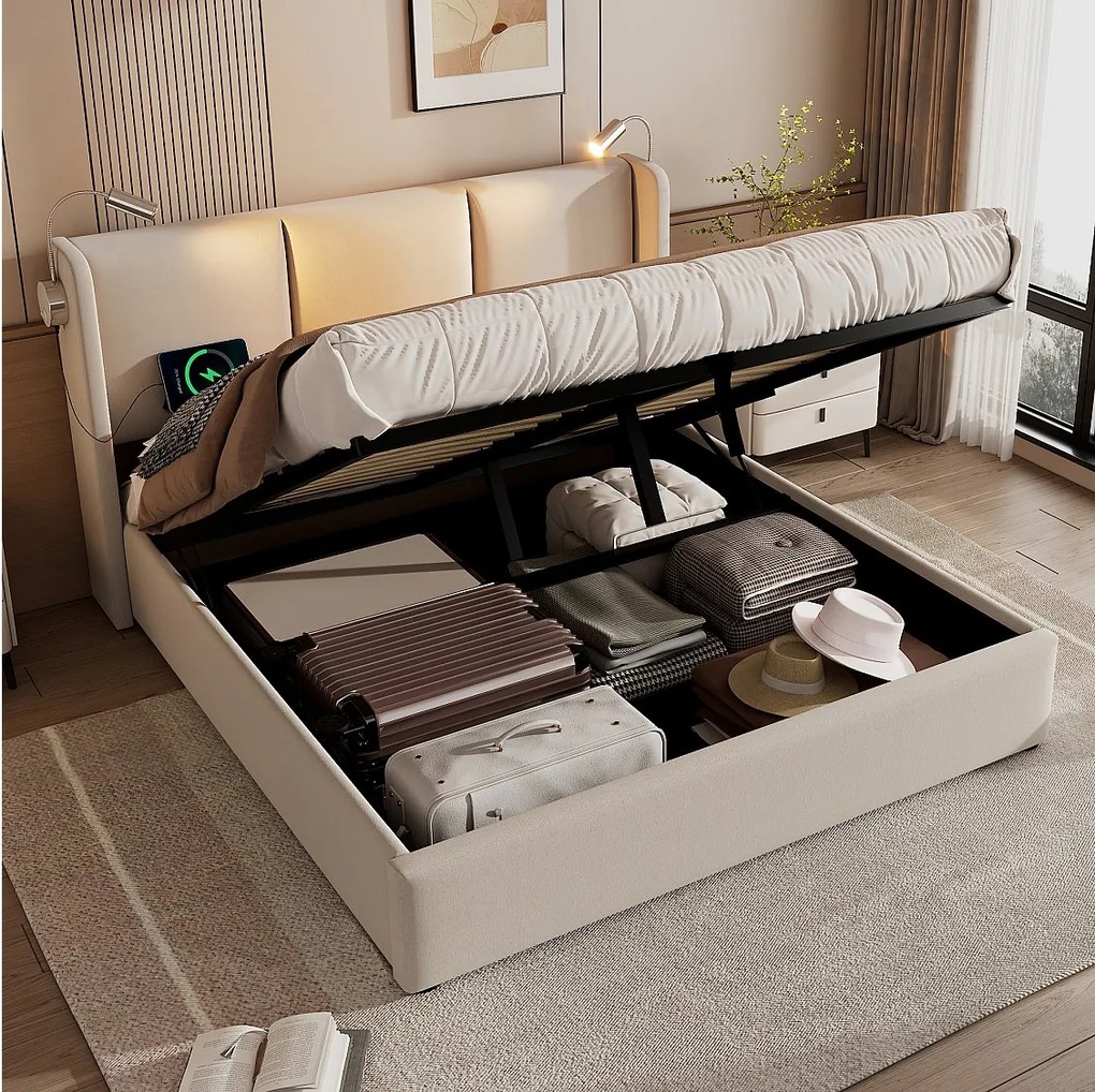 140x200 cm Łóżko z pojemnikiem - Łóżko dla dorosłych z lampką do czytania i funkcją ładowania USB - Beżowy len - bez materaca