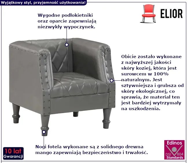 Szary skórzany fotel wypoczynkowy - Leca