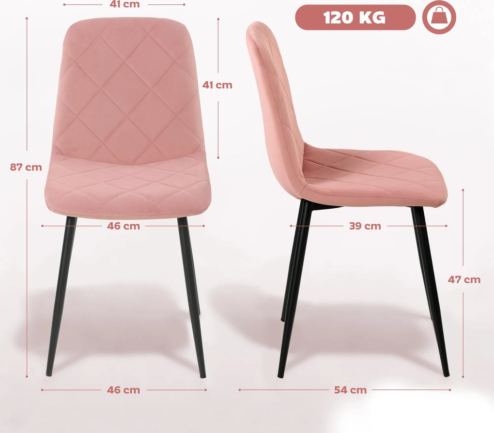 HOMCOM Zestaw 4 Krzeseł do Jadalni z Oparciem, Wygląd Samtowy, 45 x 54 x 87 cm, Różowy